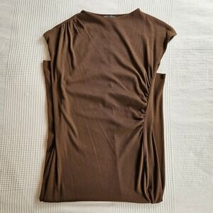 ZARA Ribbed Ruched Bodycon Midi Dress Brown Cap Sleeve Mock Neck Women XL